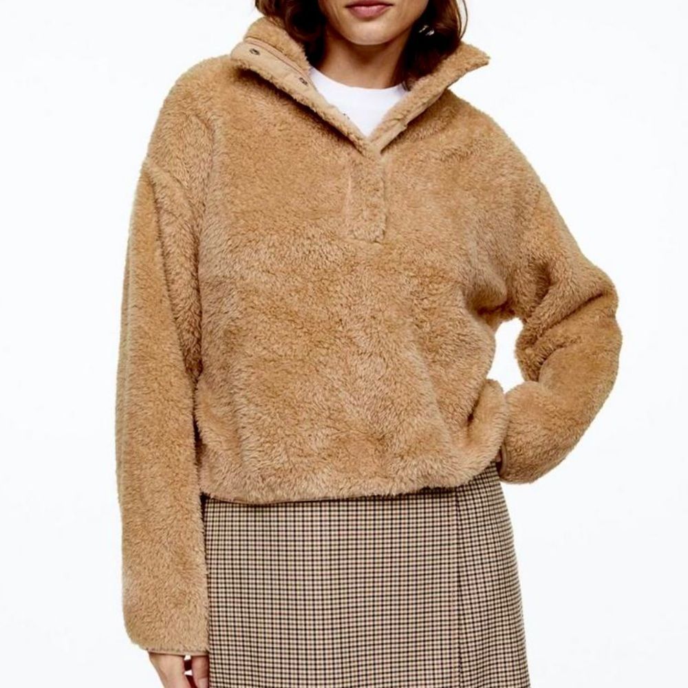 NEW H&M Faux Shearling Plush Sherpa Quarter Snap Button Polo Pullover Sweater